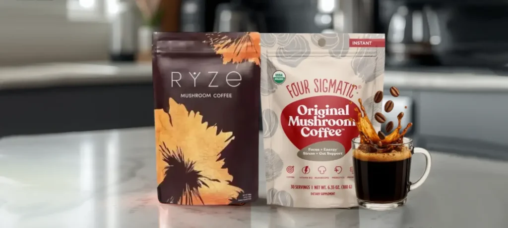 Ryze vs Four Sigmatic: The Truth About Taste, Energy & Benefits 60 Ryze Mushroom Coffee and Four Sigmatic coffee packets side by side for comparison of popular mushroom coffee brands