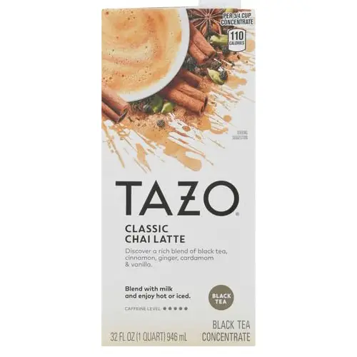 Tazo Classic Chai Latte Concentrate Tazo Classic chai latte concentrate carton with bold spiced tea blend
