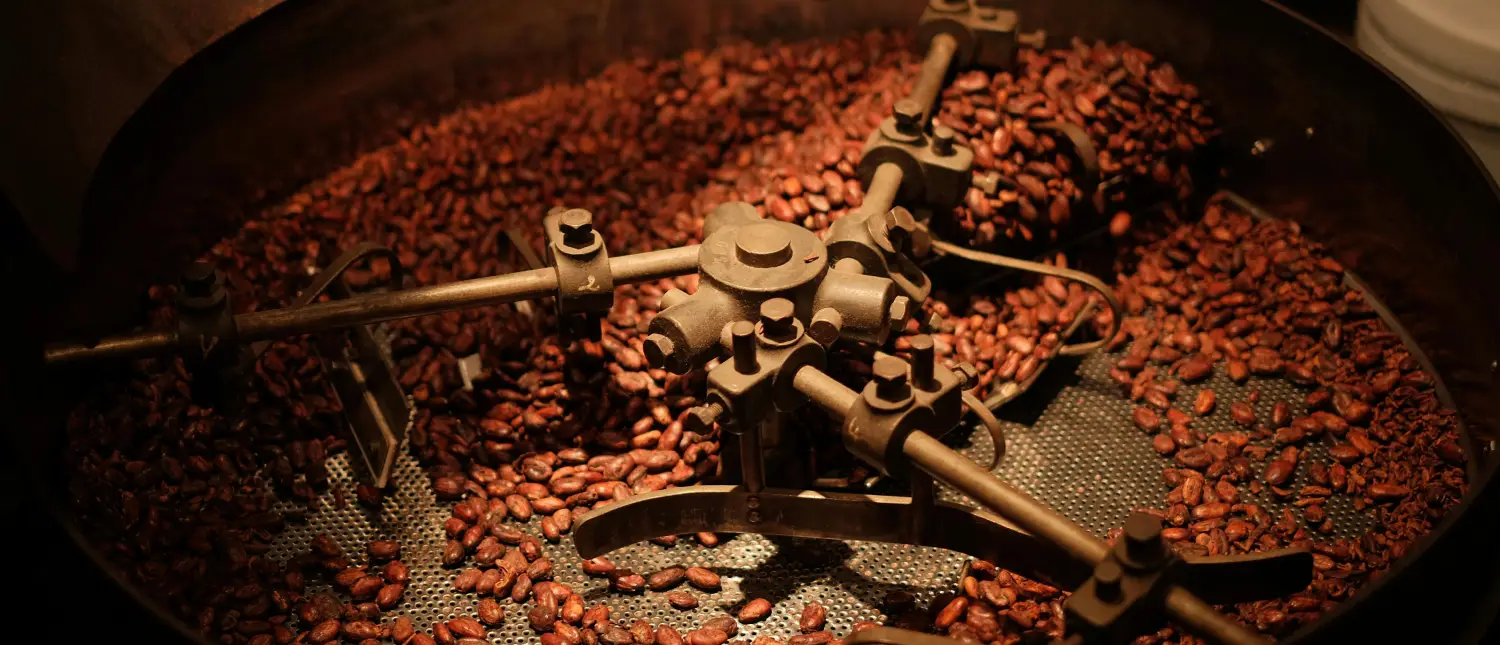Light vs Medium vs Dark Roast: Coffee Roasting Guide 2 Coffee beans roasting inside a commercial coffee roaster showing how roasting affects coffee flavor profiles and aroma