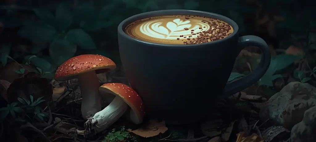 Is Mushroom Coffee Worth It? (6 Pros & Cons) ☕ 26 Cup of mushroom coffee on rocks with functional mushrooms beside it showing natural coffee alternative