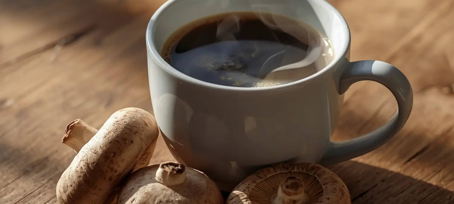 Mushroom Coffee: Benefits, Best Brands & What to Know 2 Cup of mushroom coffee with three medicinal mushrooms in front, representing functional coffee made with adaptogens