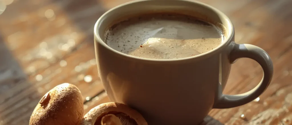 Mushroom Coffee vs Decaf Coffee Comparison Cup of mushroom coffee with medicinal mushrooms beside the cup on a wooden table