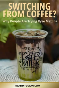 Ryze Matcha Review: A Creamy Functional Drink for Calm Energy 🍵✨ 3 Creamy Ryze Matcha latte beside an espresso coffee showing a comparison between smooth matcha energy and traditional coffee caffeine.