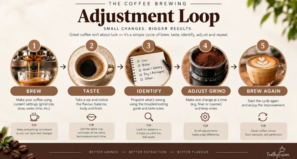 How Coffee Grind Size Affects Flavor: Complete Guide 6 Coffee grind adjustment loop showing brew, taste, identify, adjust grind, and brew again