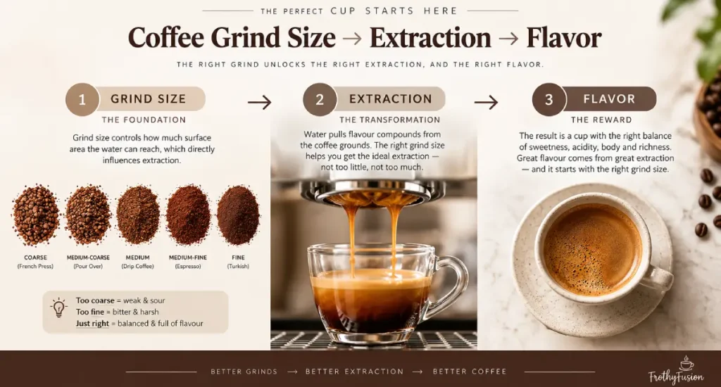 How Coffee Grind Size Affects Flavor: Complete Guide 4 Coffee grind size affects extraction and flavor, from under-extracted sour coffee to balanced and over-extracted bitter coffee