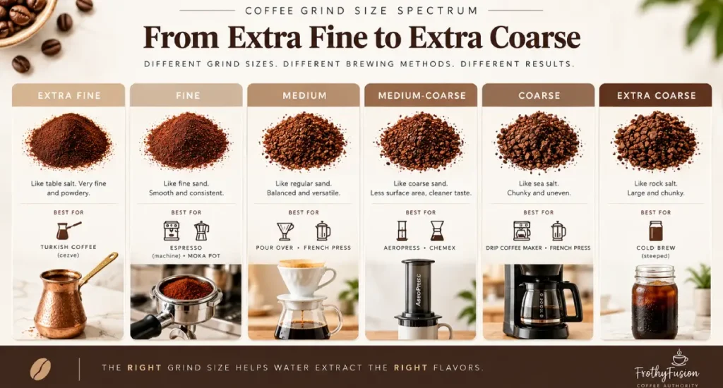 How Coffee Grind Size Affects Flavor: Complete Guide 5 Coffee grind size spectrum from extra fine to extra coarse with common brewing methods