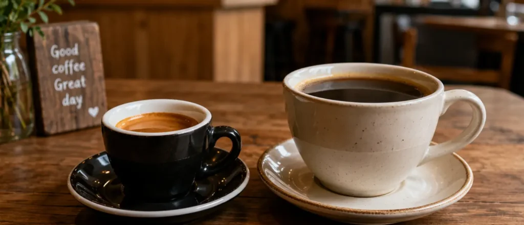Espresso vs Americano: Which Coffee Drink Should You Choose? 6 Espresso and Americano served side by side on a café table, highlighting the difference in size and strength between the two coffee drinks.