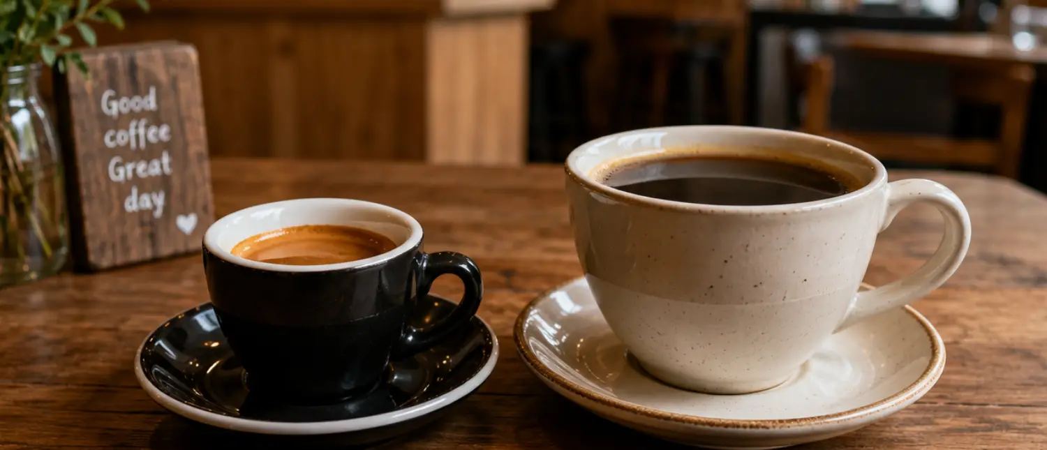 Espresso vs Americano: Which Coffee Drink Should You Choose? 2 Espresso and Americano served side by side on a café table, highlighting the difference in size and strength between the two coffee drinks.