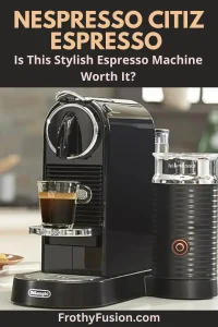 Nespresso CitiZ Review: Compact Style Meets Convenient Espresso ☕✨ 3 Pinterest pin for a Nespresso CitiZ review featuring the compact espresso machine on a modern kitchen bench with the headline "Nespresso CitiZ Review – Is This Stylish Espresso Machine Worth It?"