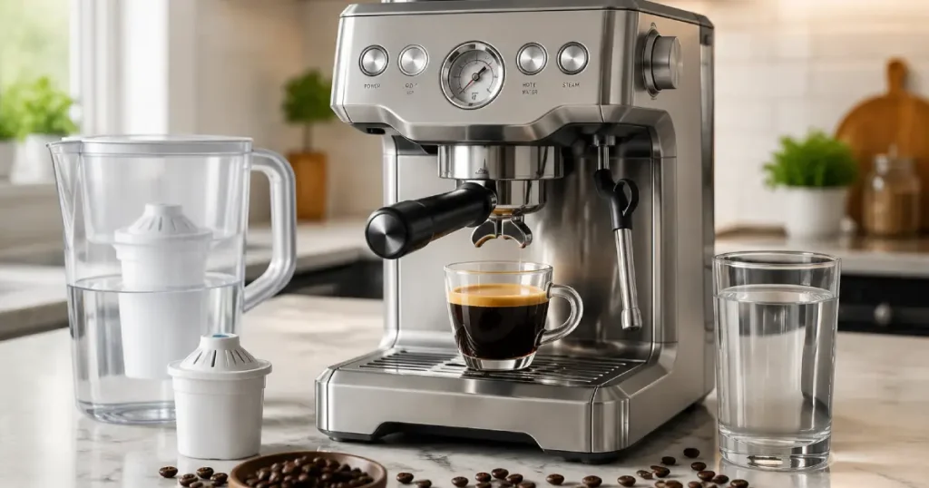 Best Coffee Water for Espresso Machines (2026 Guide) 15 Home espresso machine beside filtered water, fresh espresso, and coffee beans showing the Best Coffee Water for Espresso Machines