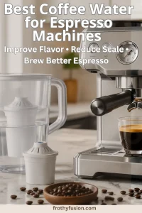 Best Coffee Water for Espresso Machines (2026 Guide) 3 Modern espresso machine beside a water filter pitcher and espresso cup showing the best coffee water for espresso machines for better coffee and reduced scale buildup.