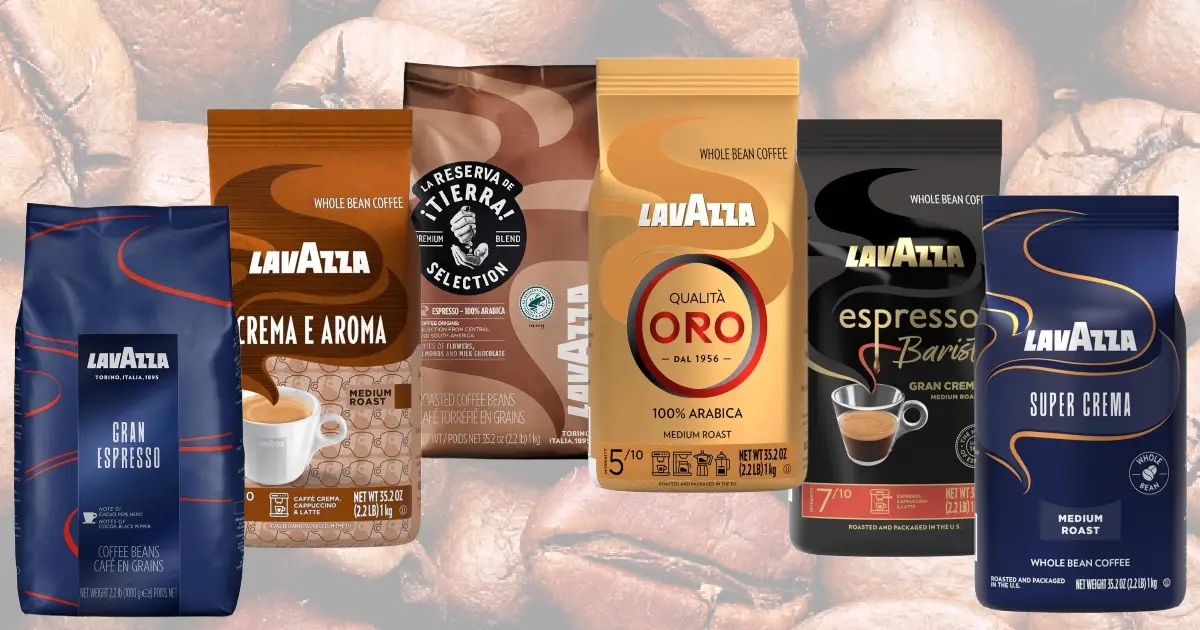 Best Lavazza Coffee Beans Ranked: Which Blend To Buy? 2 Six bags of Lavazza coffee beans including Super Crema, Qualità Oro, Crema e Aroma, Gran Espresso, Espresso Barista Gran Crema, and Tierra Selection ranked for espresso and home brewing