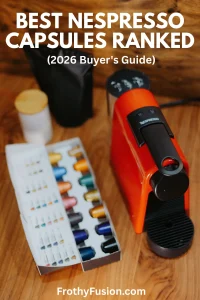 Best Nespresso Capsules Ranked: Find Your Perfect Pod ☕✨ 3 Infographic featuring the best Nespresso capsules ranked for espresso, lattes, and everyday coffee alongside a red Nespresso machine and coffee pods.