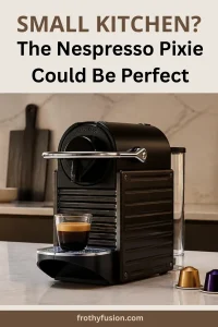 Nespresso Pixie Review: Is This Compact Espresso Machine Worth It? 3 Black Nespresso Pixie espresso machine with a freshly brewed espresso, highlighting its premium compact design.