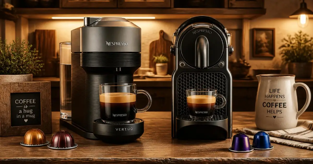 Best Nespresso Original Machines Ranked (2026): Every Model Compared 2 Nespresso Original and Vertuo coffee machines displayed on a modern kitchen bench for comparison in the Best Nespresso Original Machines 2026 guide.