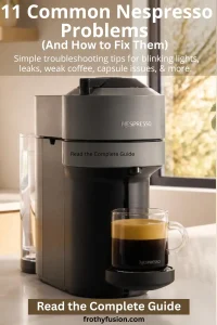 Common Nespresso Problems & Fixes (2026 Guide) 3 Nespresso Vertuo machine with an espresso and capsules on a kitchen bench, illustrating a troubleshooting guide for common Nespresso problems & fixes.