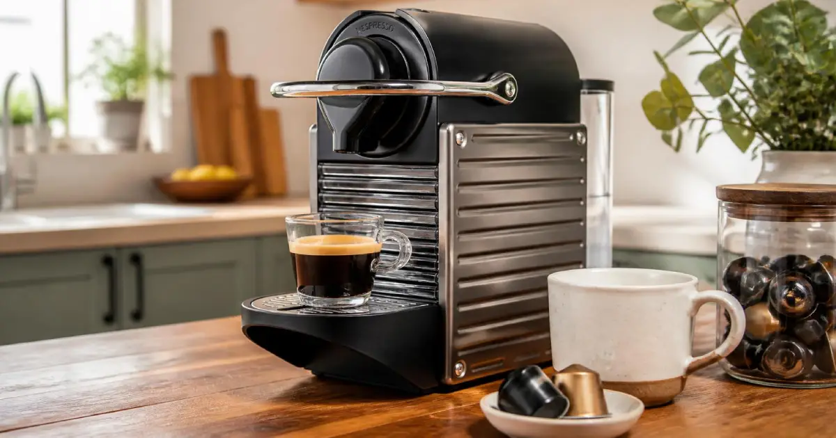Common Nespresso Problems & Fixes (2026 Guide) 2 Nespresso Vertuo coffee machine on a kitchen bench with an espresso and Nespresso capsules, representing common nespresso problems and fixes