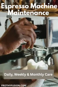 Espresso Machine Maintenance Guide: Keep Your Machine Brewing Like New 3 A clean stainless steel espresso machine and a male with a microfiber cloth, cleaning it on a bright kitchen countertop, illustrating proper espresso machine maintenance.