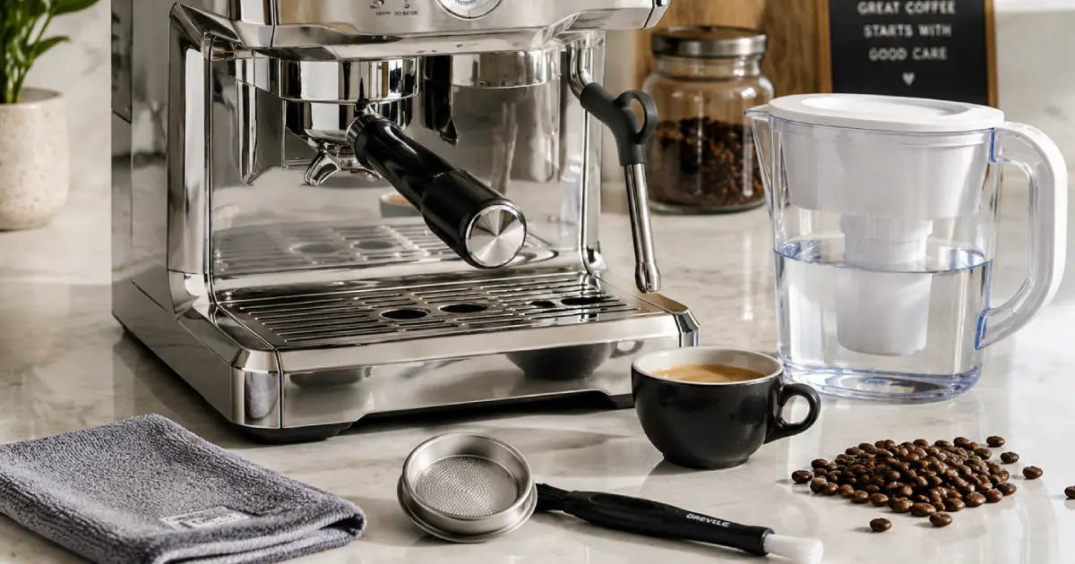 Espresso Machine Maintenance Guide: Keep Your Machine Brewing Like New 2 Stainless steel espresso machine with cleaning tools, coffee beans, and water filter pitcher for routine espresso machine maintenance.