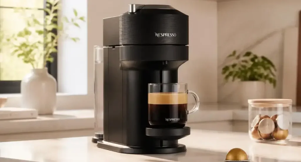 How Nespresso Vertuo Works (2026 Guide) 44 Nespresso Vertuo Next brewing coffee from a Vertuo capsule on a modern kitchen bench.