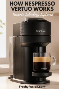 How Nespresso Vertuo Works (2026 Guide) 3 Infographic explaining how Nespresso Vertuo works, including barcode technology and Centrifusion brewing.