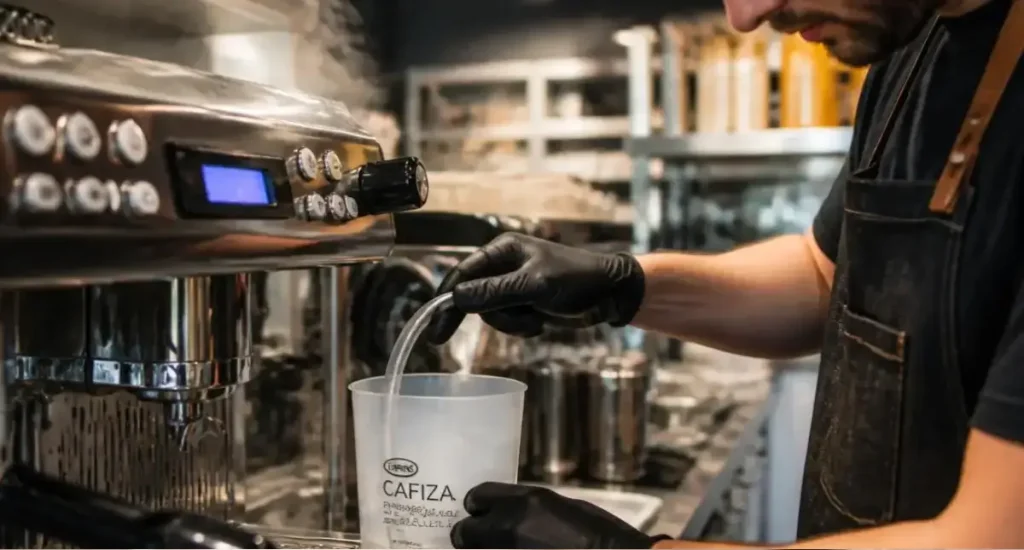 How to Descale a Nespresso Machine (Step-by-Step Guide) 47 Man showing how to descale a Nespresso machine using descaling solution in a home kitchen