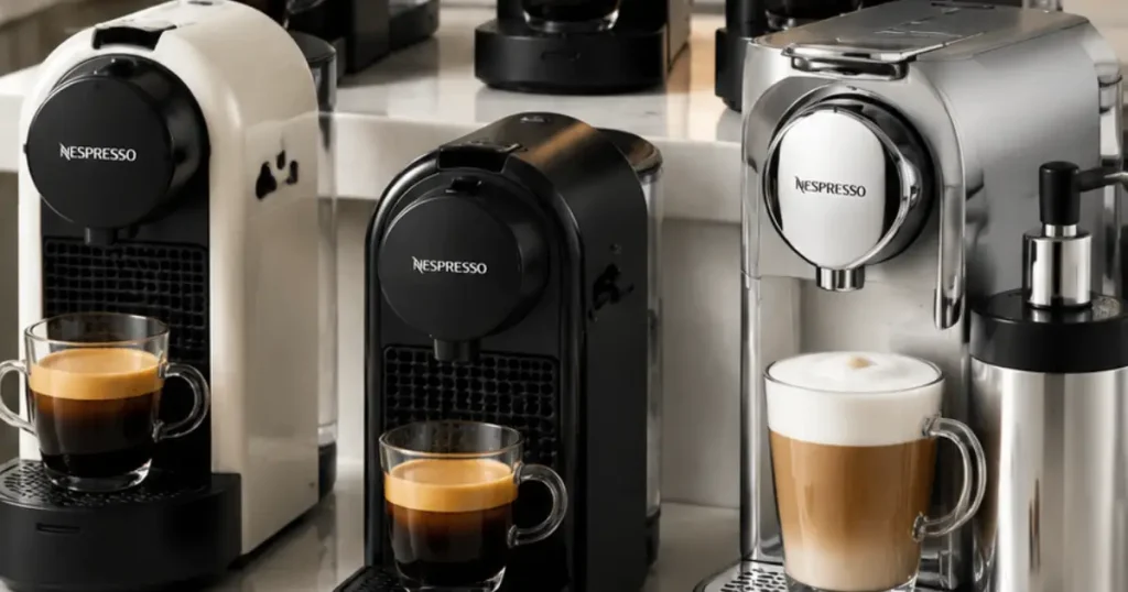 Nespresso Machine Buying Guide for Beginners (2026) 15 Nespresso coffee machines arranged on a kitchen counter showing different models for beginners