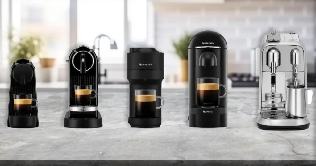 Nespresso Machine Sizes Compared (2026 Guide) 24 Nespresso machine sizes compared showing Essenza Mini, CitiZ, Vertuo Pop+, Vertuo Plus, and Creatista Plus side by side.