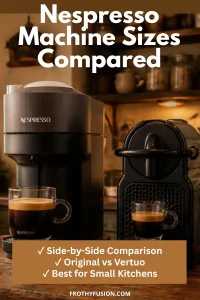 Nespresso Machine Sizes Compared (2026 Guide) 3 Comparison of popular Nespresso machine sizes including the Essenza Mini, CitiZ, Vertuo Pop+, Vertuo Plus, and Creatista Plus