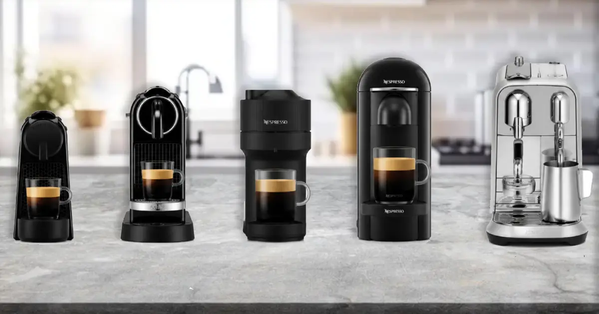 Nespresso Machine Sizes Compared (2026 Guide) 2 Nespresso machine sizes compared showing Essenza Mini, CitiZ, Vertuo Pop+, Vertuo Plus, and Creatista Plus side by side.