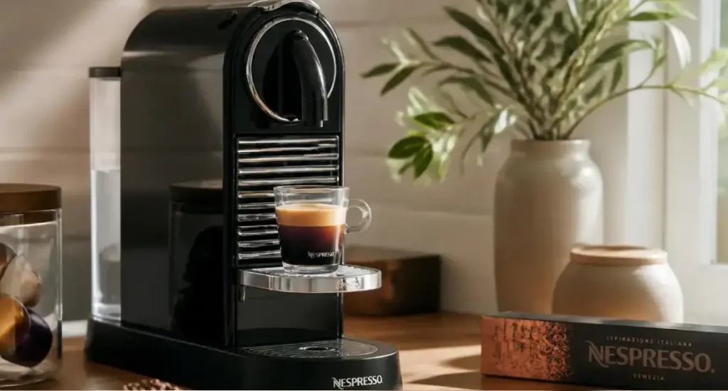 Nespresso Original Review (2026): Worth Buying? 46 Nespresso Original Review showing the Citiz on a kitchen bench with a freshly brewed coffee and capsules in jar