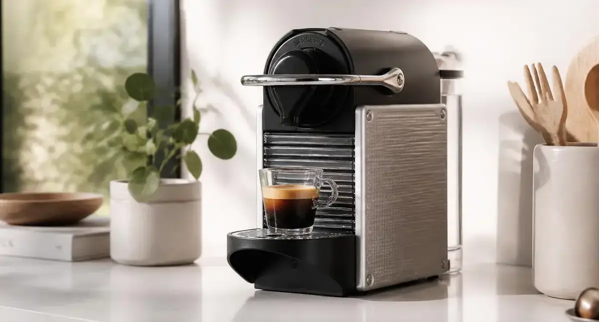 Nespresso Pixie Review: Is This Compact Espresso Machine Worth It? 2 Black Nespresso Pixie espresso machine on a kitchen bench ready to brew a fresh espresso