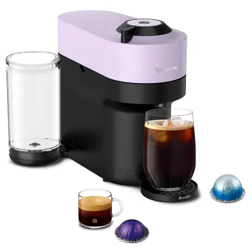 Nespresso Vertuo Pop single-serve coffee machine brewing fresh coffee on a modern kitchen bench Nespresso Vertuo Pop single-serve coffee machine brewing fresh coffee on a modern kitchen bench