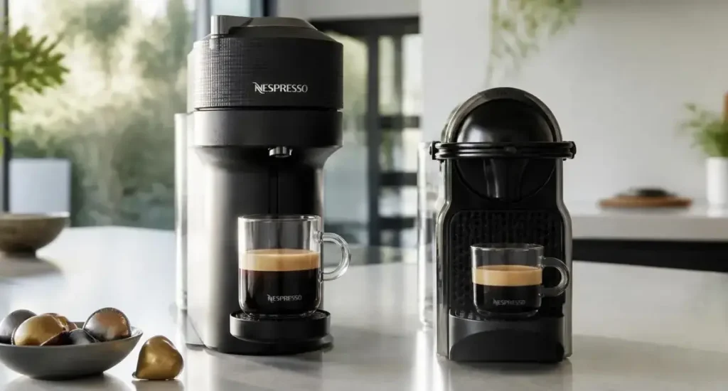 Nespresso Vertuo vs Original: Which Coffee System Is Better? 48 Nespresso Vertuo and Original coffee machines side by side on a kitchen bench with coffee capsules beside them.