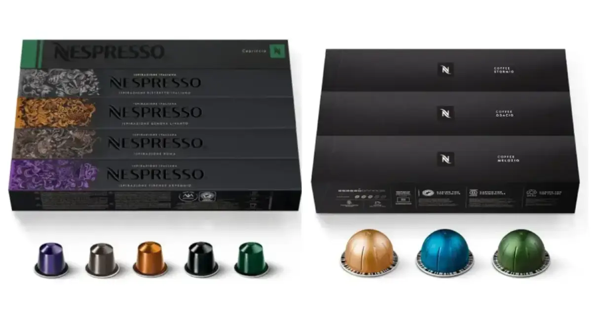 Original and Vertuo Capsule Variety Packs 2 Nespresso Original vs Vertuo Capsules packs displayed side by side for comparison.