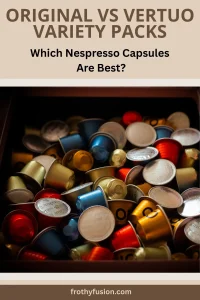 Original and Vertuo Capsule Variety Packs 3 Pinterest pin comparing Nespresso Original Line and Vertuo variety packs to help coffee lovers choose the best capsule assortment.
