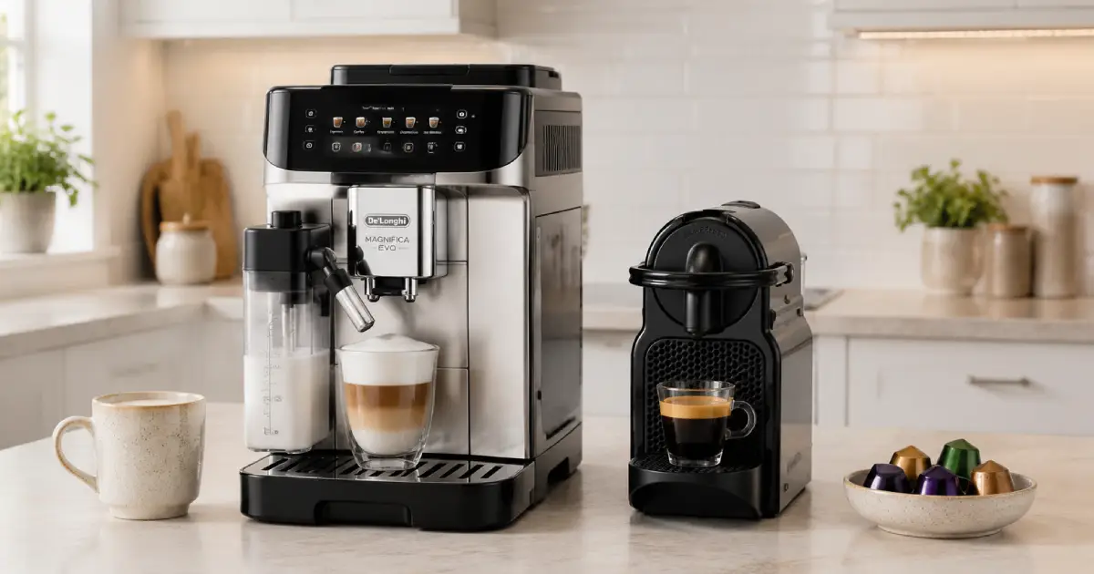 Super-Automatic Espresso Machines vs Pod Machines 2 Super-automatic espresso machine beside a pod coffee machine on a modern kitchen bench