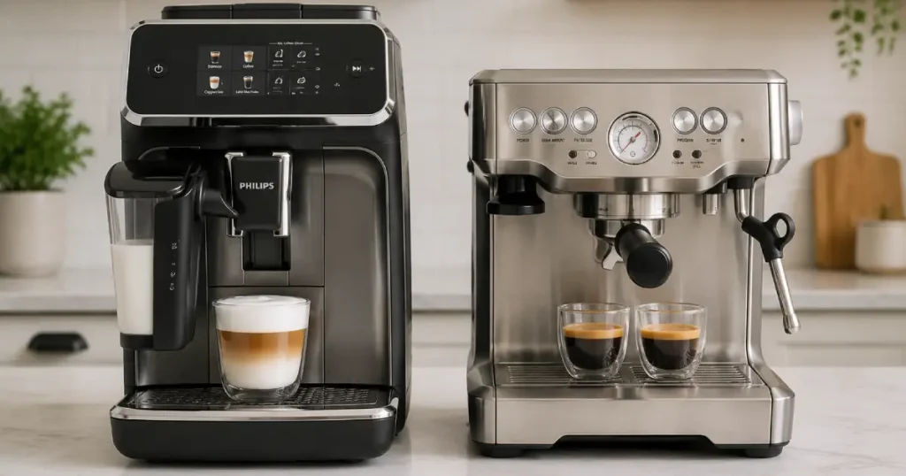Super Automatic vs Semi Automatic Espresso Machines 30 Super Automatic vs Semi Automatic Espresso Machines side by side on a modern kitchen bench