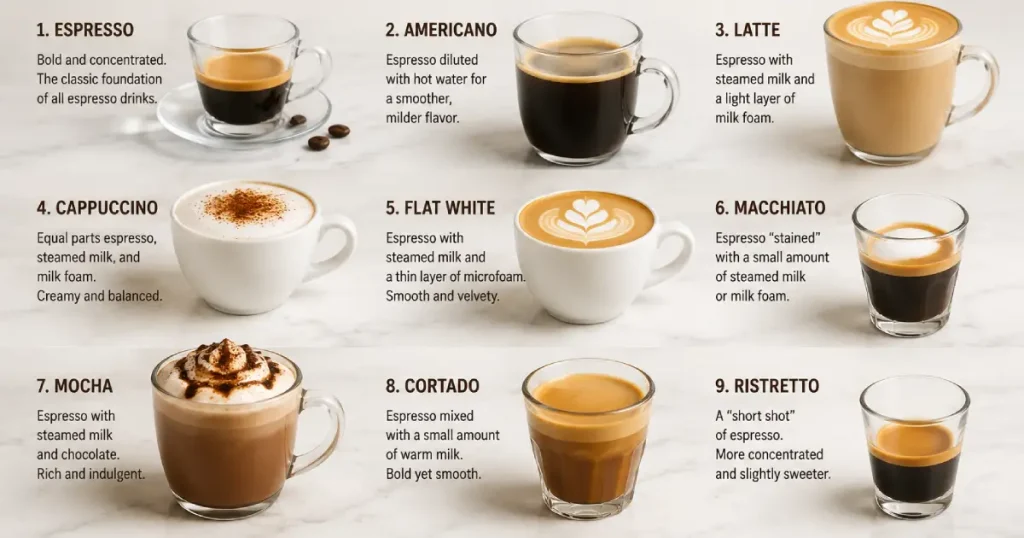 Espresso Beverages: A Beginner’s Guide to Popular Espresso Drinks 4 Nine popular espresso beverages including espresso, americano, latte, cappuccino, flat white, macchiato, mocha, cortado, and ristretto, all with complete differences between them.