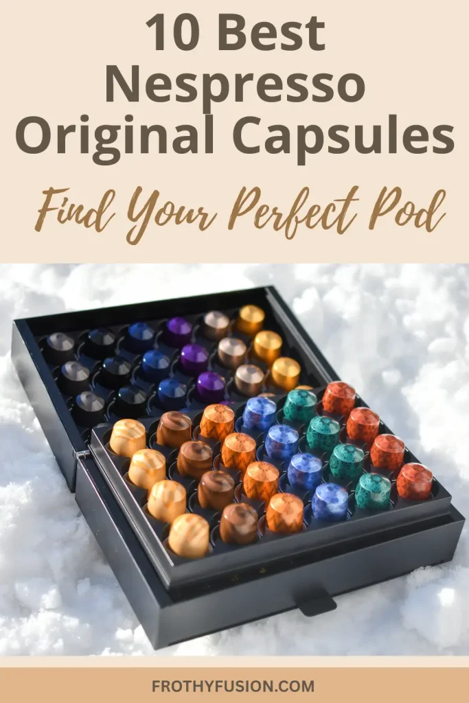 Best Nespresso Original Capsules: 10 Best Pods 3 Nespresso machine beside a stand of coffee capsules, representing a guide to the best Nespresso Original capsules for different coffee preferences.