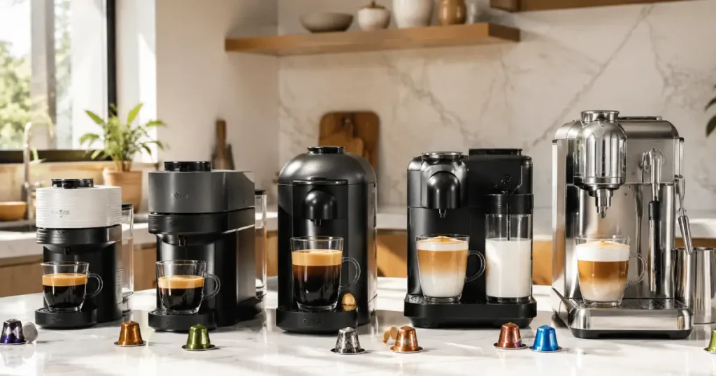 Best Nespresso Vertuo Machines Ranked (2026) 11 Five Nespresso Vertuo coffee machines displayed on a modern kitchen countertop with freshly brewed coffee and colorful Vertuo capsules, comparing the best Vertuo models for 2026.