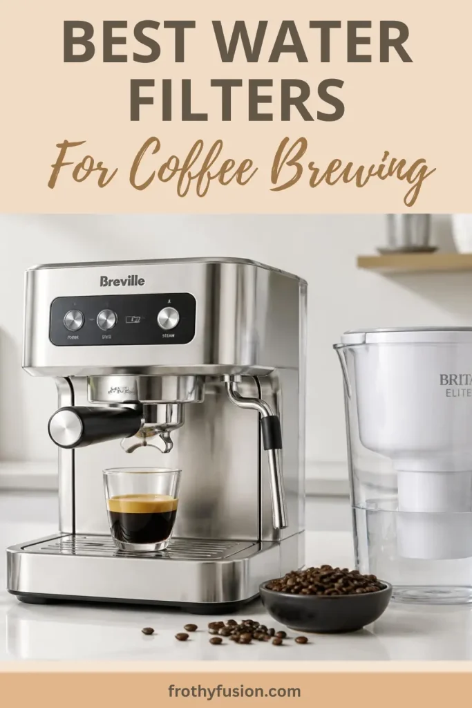 Best Water Filters for Coffee Brewing: Improve Taste & Protect Your Coffee Machine 3 Best Water Filters for Coffee Brewing showing premium coffee brewing setup with espresso machine and water filter pitcher for better tasting coffee