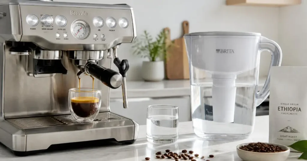 Best Water Filters for Coffee Brewing: Improve Taste & Protect Your Coffee Machine 1 Best water filter pitcher beside an espresso machine for brewing better tasting coffee