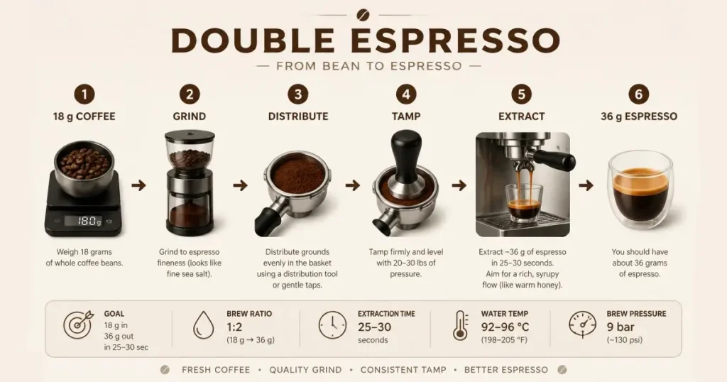 How to Make a Double Espresso: Step-by-Step Guide 3 Double espresso recipe showing 18 grams of coffee ground, distributed, tamped and extracted to 36 grams of espresso