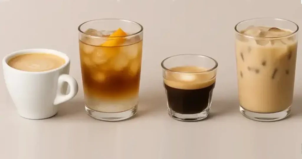 Espresso Beverages: A Beginner’s Guide to Popular Espresso Drinks 3 Fou popular espresso beverages lined up side by side, showing the visual differences between espresso, flat, white, cappuccino, and latte.
