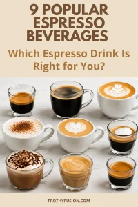 Espresso Beverages: A Beginner’s Guide to Popular Espresso Drinks 3 A comparison of nine popular espresso beverages including espresso, americano, latte, cappuccino, flat white, macchiato, mocha, cortado, and ristretto, helping beginners understand the differences between espresso drinks.