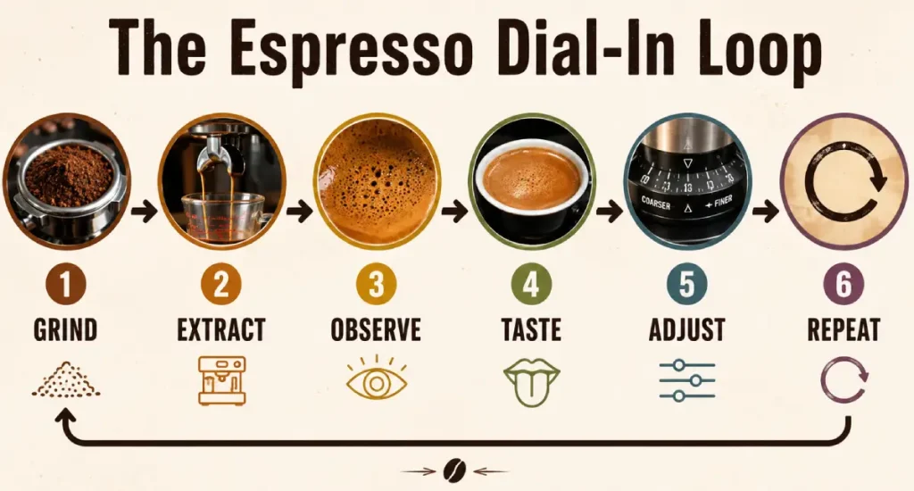 How to Adjust Espresso Grind Size: A Practical Dial-In Guide 6 Espresso dialing in loop showing grind, extract, observe, taste, adjust, and repeat