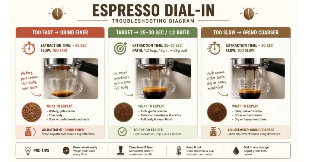 How to Make a Double Espresso: Step-by-Step Guide 4 Espresso dial-in guide showing when to grind finer or coarser based on extraction speed