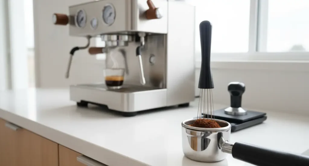 Espresso Distribution: How to Prepare an Even Coffee Puck for Better Extraction 6 WDT tool distributing espresso grounds evenly in a portafilter before tamping