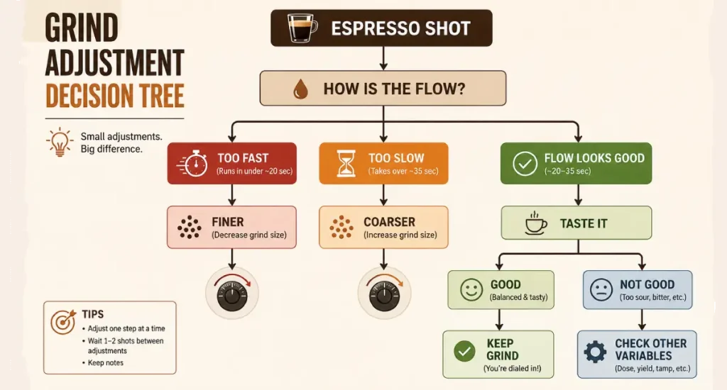 Espresso Grind Size: How to Choose the Right Grind for Better Shots 5 Espresso grind adjustment decision tree for shots that run too fast or too slowly